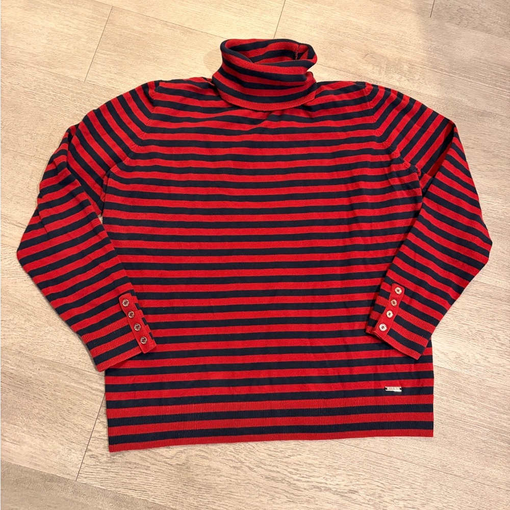 Tommy Hilfiger Red and Navy Striped Turtleneck Sweater
